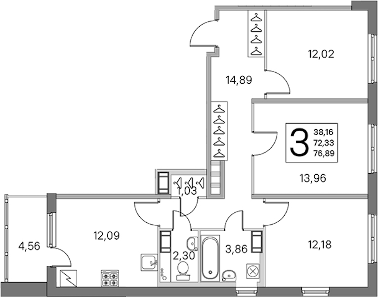 3-комнатная квартира 72.33 м², 4/5 эт., ЖК «ЮгТаун. Олимпийские кварталы»